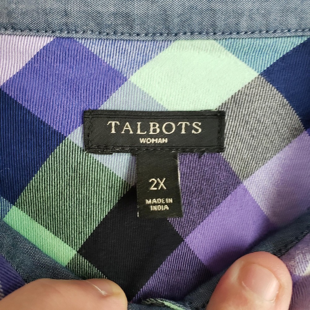Talbots‎ Button Up Shirt Womens 2X Blue Green Plaid Long Sleeve Cotton Dragonfly - Picture 5 of 9